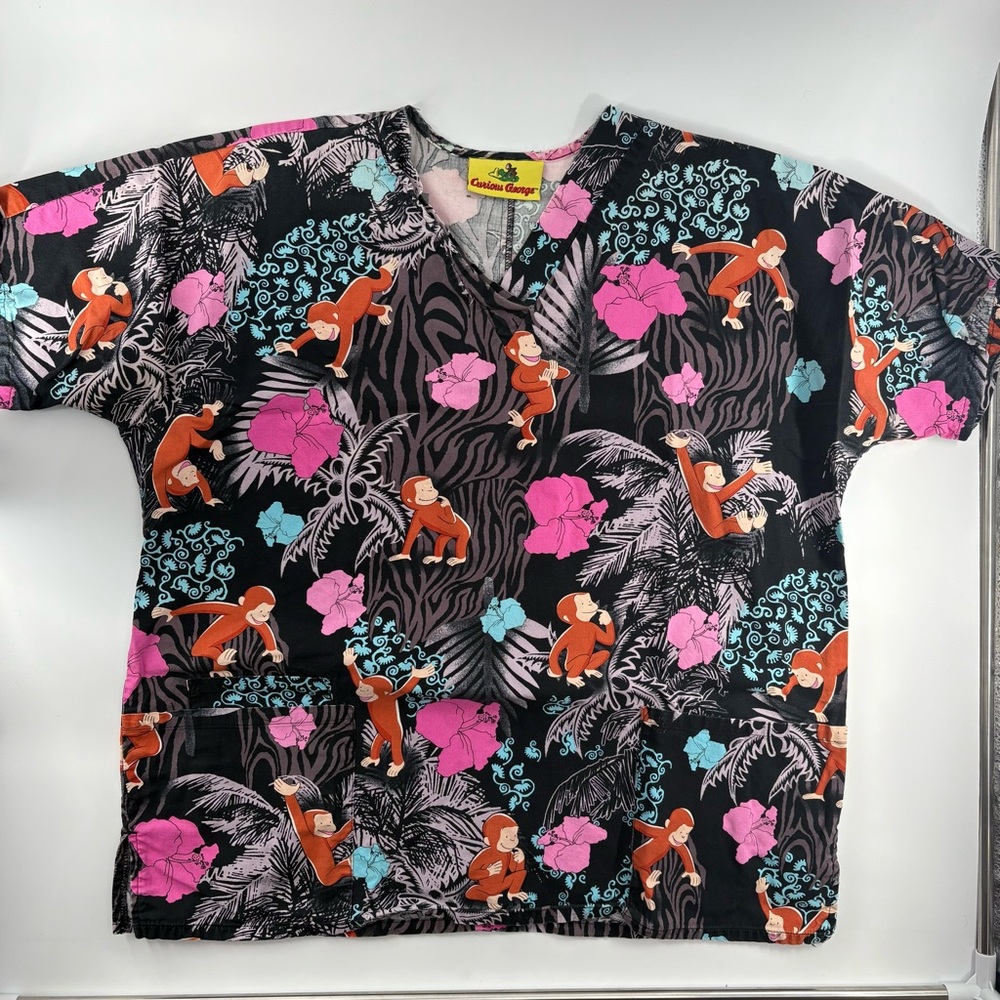 Curious George Women's Scrub Top Animal Print Nurse Workwear